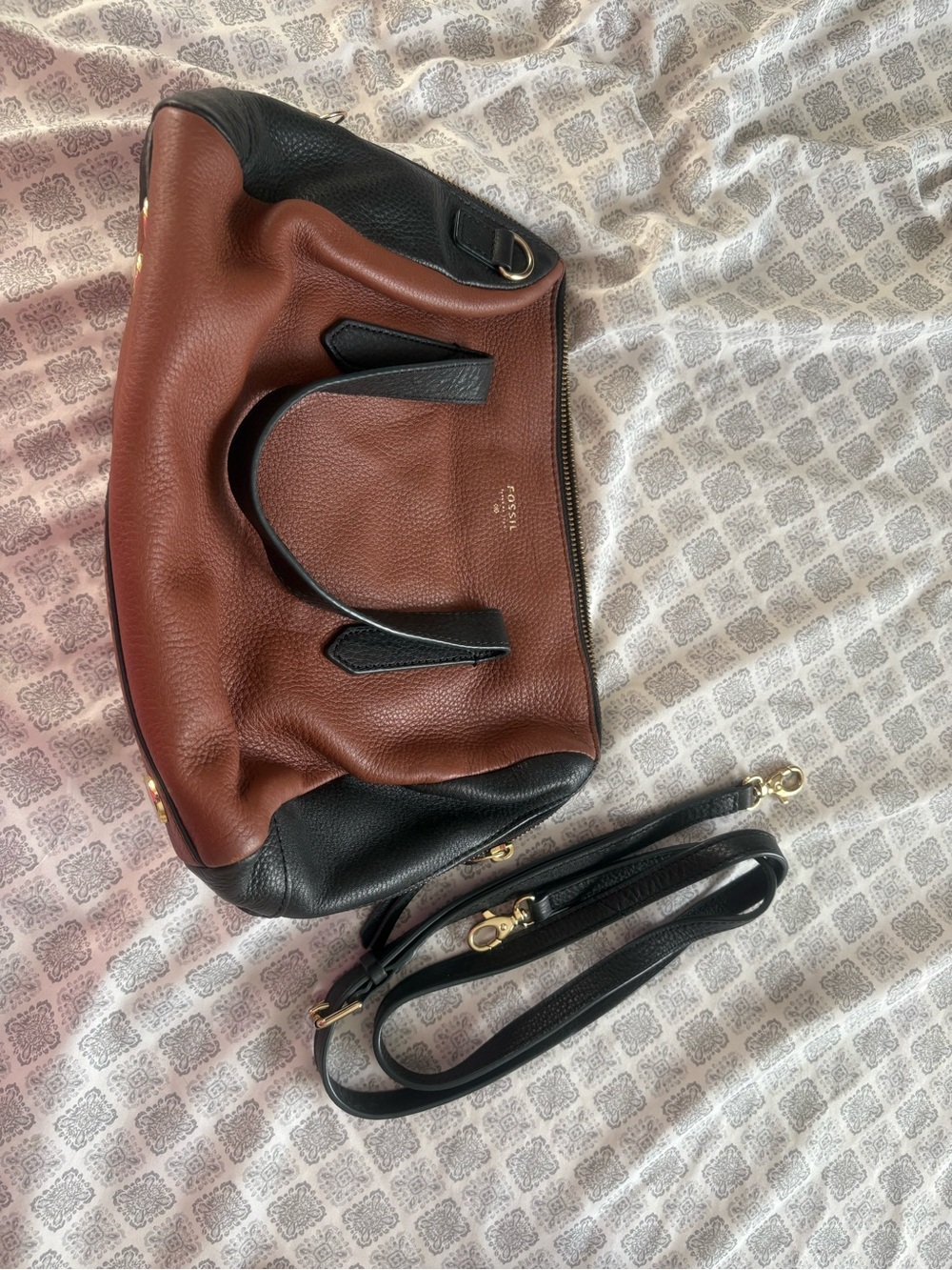 Fossil Sydney Satchel Two-Tone Brown and Black Leather with Removable Strap